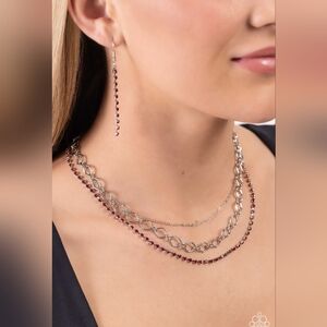 Silver Multi-Strand Necklace Set with Garnet-Colored Accents
